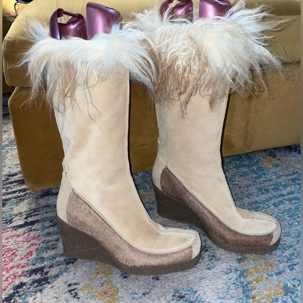 Calvin Klein Ranger Suede Boots Mongolian Fur Rubber Wedge Sole Winter 7.5